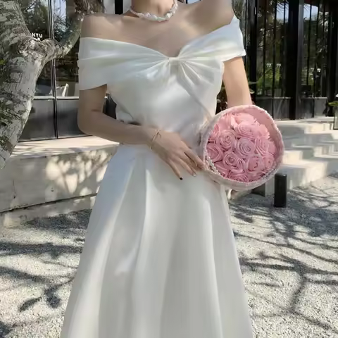 French Satin Off-Shoulder Dress Summer White Elegant Formal Evening Dress Dress Korean Wedding Banquet Dress Y2k Women Clothing