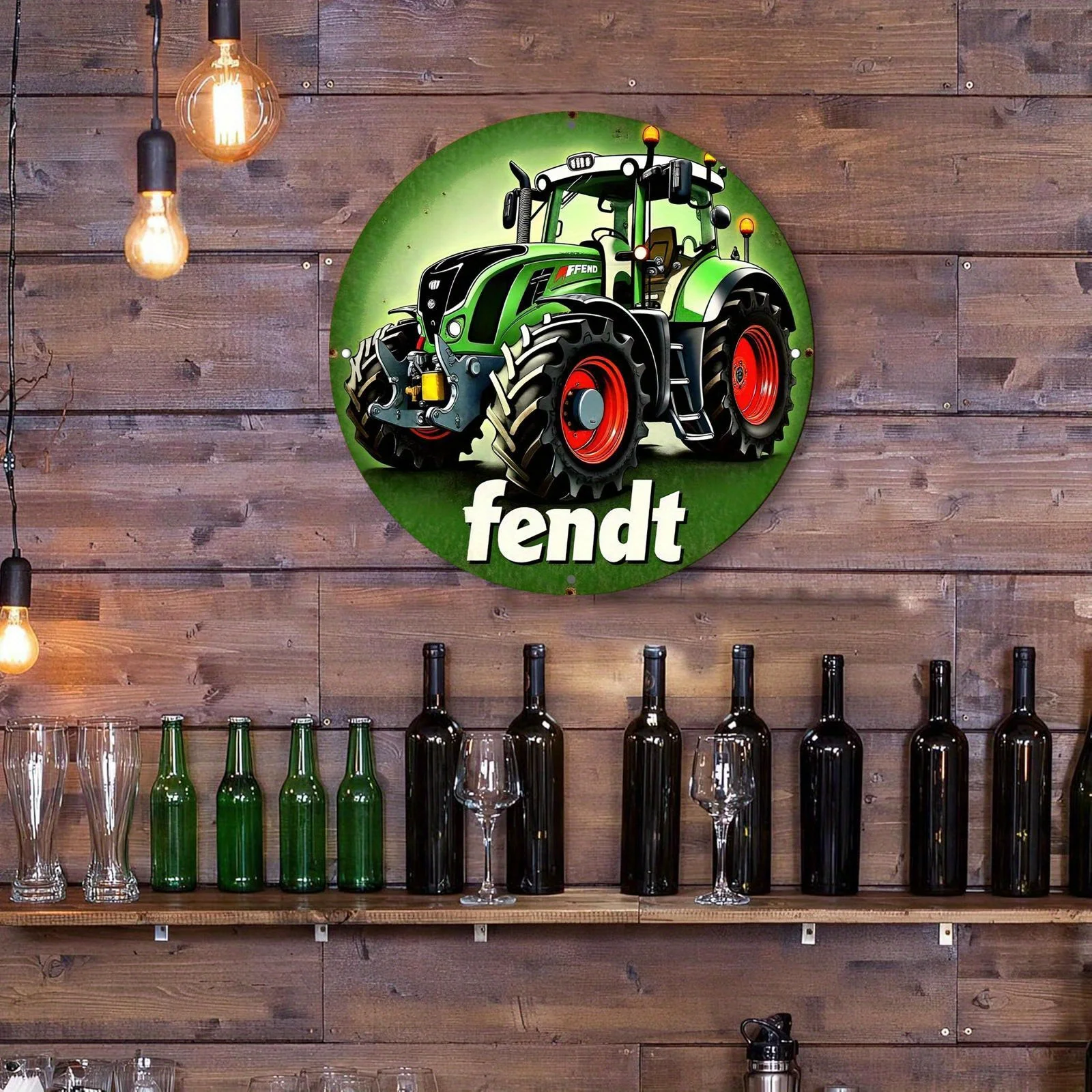 2D Flat - Vintage-Style 2D Flat Aluminum Wall Art - Fendt Tractor Metal Sign with Green & Red Wheels, Yellow Lights, and 