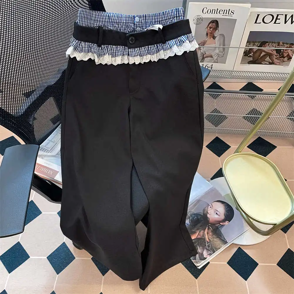 Women Black Goth Long Pants Vintage Baggy Patchwork Suits Pants Harajuku Japanese 2000s Style Y2k Wide Leg Trousers Emo Clothes