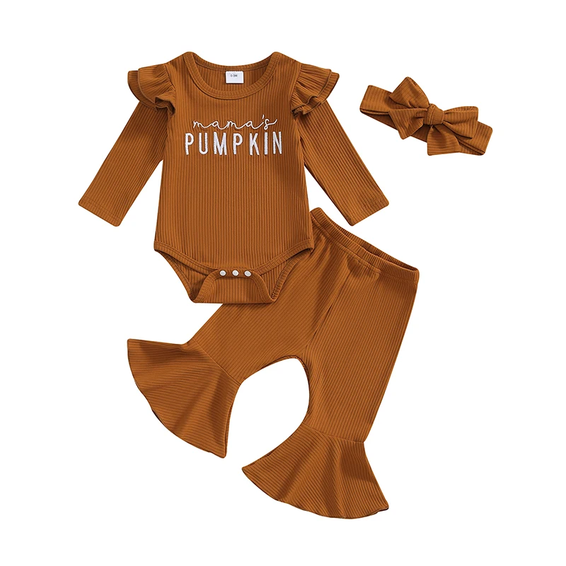 

Baby Girls 3Pcs Fall Outfits Long Sleeve Ribbed Romper Pants Headband Set Autumn Clothes