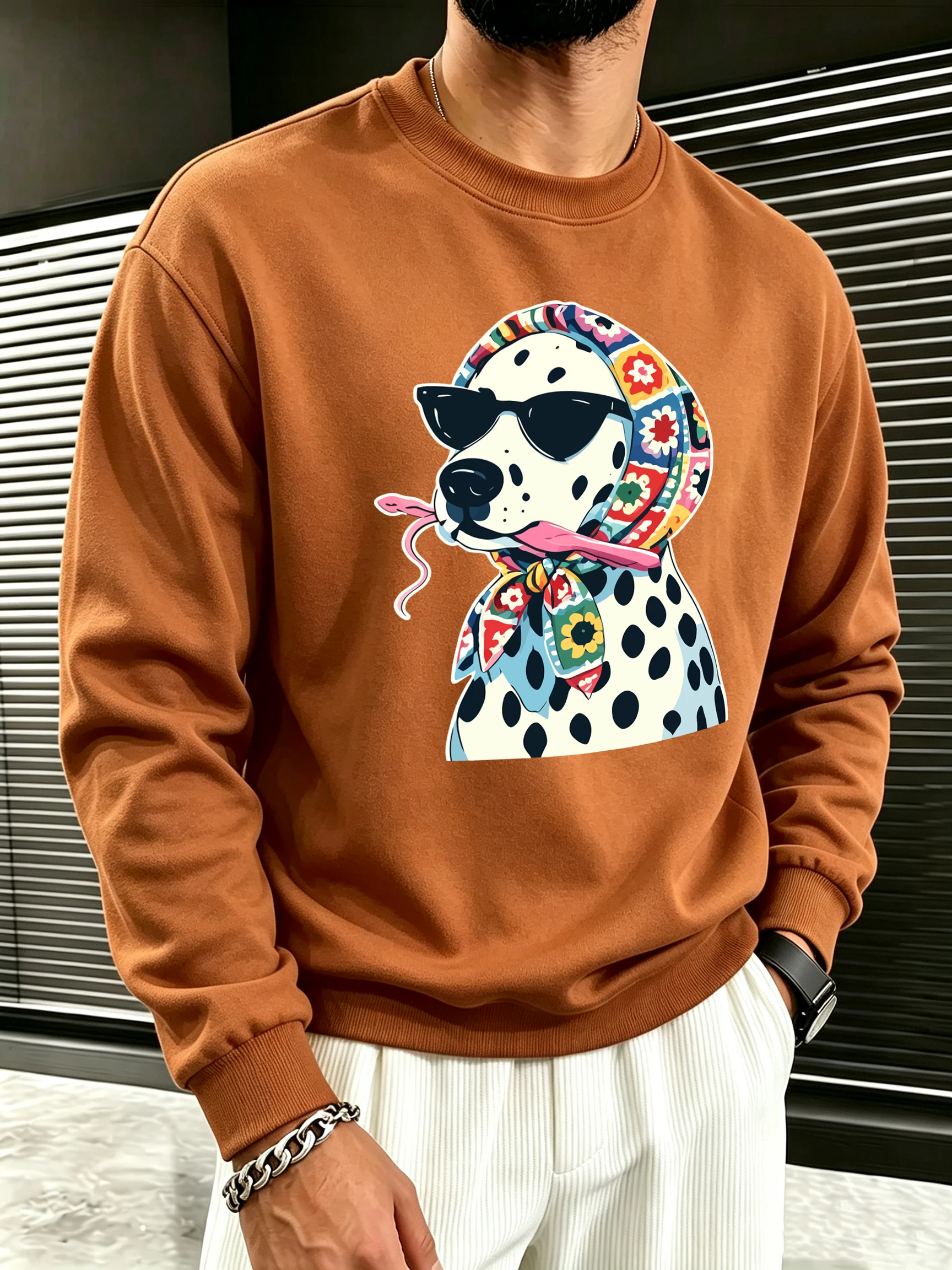 Floral Headscarves Sunglasses Spotted Dogs Print Mens Pullover Running Sweatshirt Fleece Loose Clothes Casual Autumn Sportswear