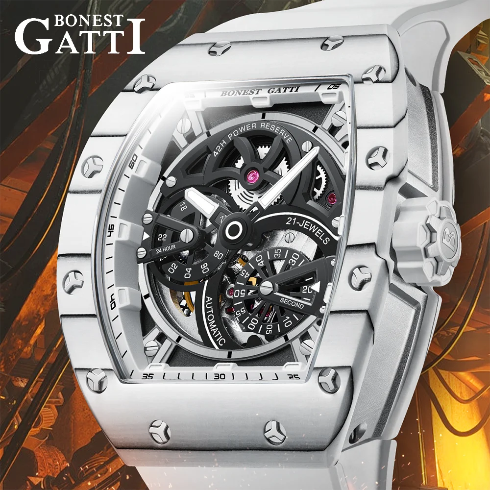 

BONEST GATTI German Brand Automatic Movement Mechanical Watch Business Carbon Fiber Bezel Tonneau 30ATM Night Light BG-9004