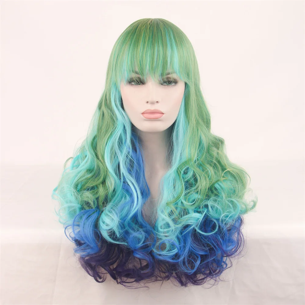 

High temperature silk full head curly Lolita wig bangs big waves green chemical fiber