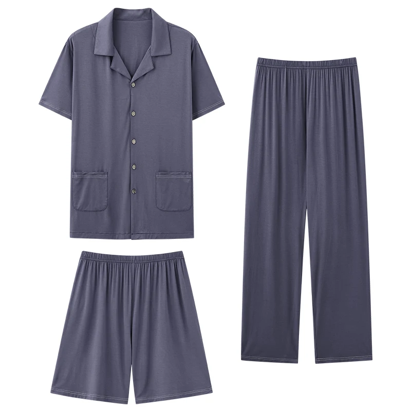 Summer Casual Fashion Modal Short Sleeve Pajamas Set 3 Piece Set Long Pants+Cardigan Tops+Shorts For Male Sleepwear Homewear 4XL