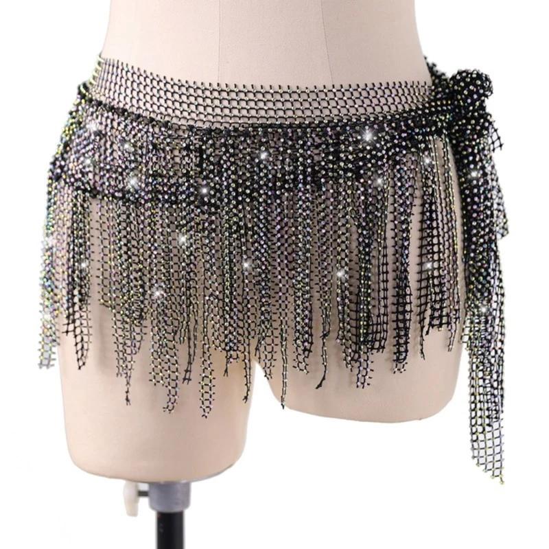 Sparkling Fringes Belly Dance Waist Chain with Studded Rhinestones Skirts Wrap M6CD