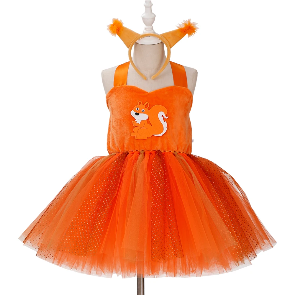 Fantastic Squirrel Girls Tutu Dress with Fur Ears Headband Kids Halloween Animal Costume for Cosplay Birthday Party Fancy Dress