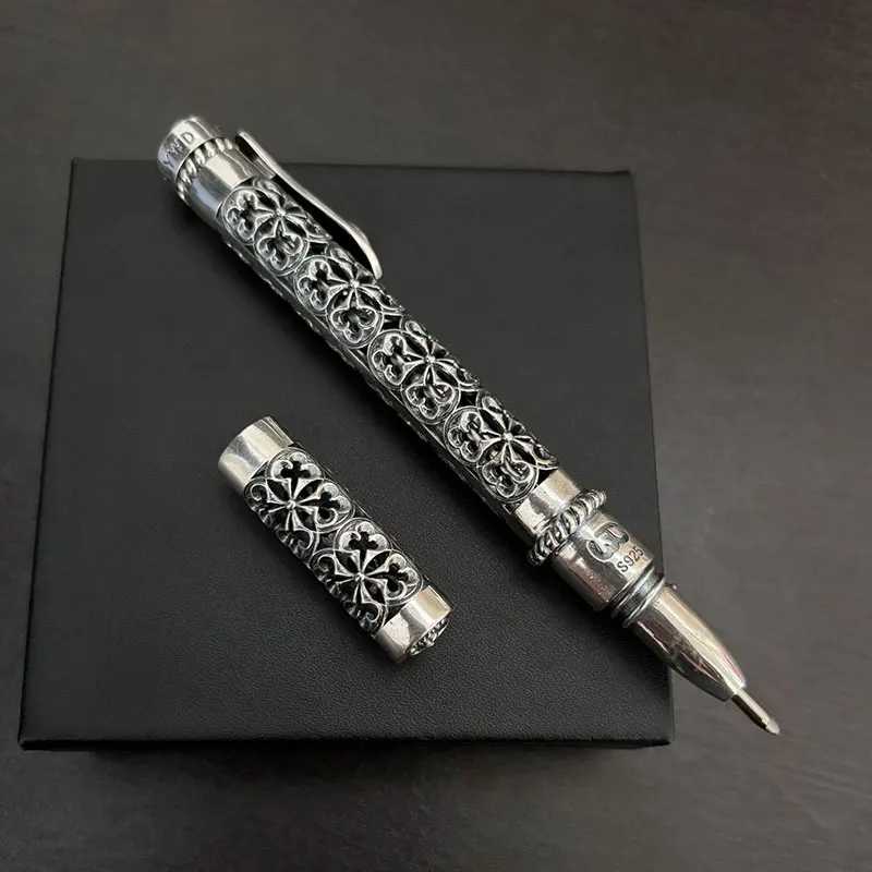 

Baroque Pattern Relief 925 Ball Pen Petal Openwork Silver Electroplating Craft Signature Ballpoint Pen Collectible Ballpoint Pen
