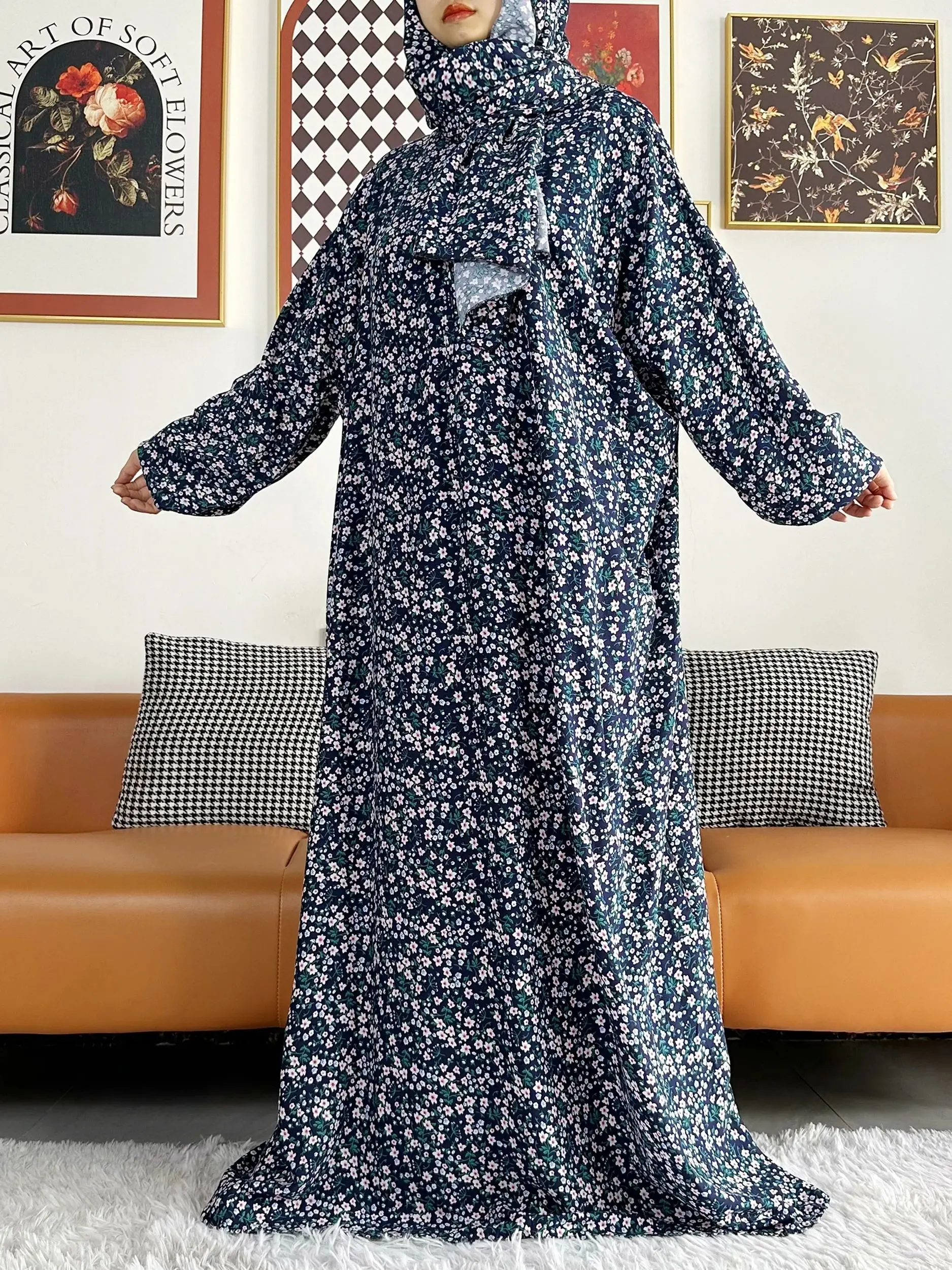 Abayas musulmanas de algodón para oración de Ramadán para mujer, bata de Oriente Medio, vestido africano suelto Floral, turbante adjunto, Dubai,