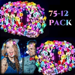 75-12Pcs LED Flower Headbands Glowing Flower Crowns LED Wreath Headband Flower Hair Accessories For Wedding Party Concert