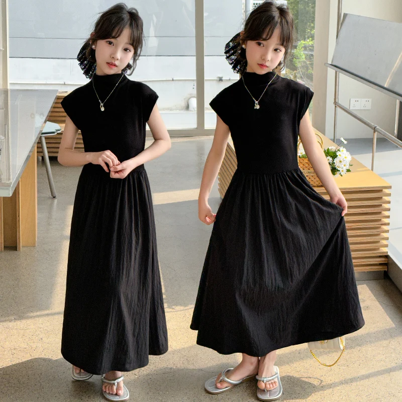 

french design teenager girls long dress junior black Sleeveless high neckline pleats Princess dresses child kids formal clothes