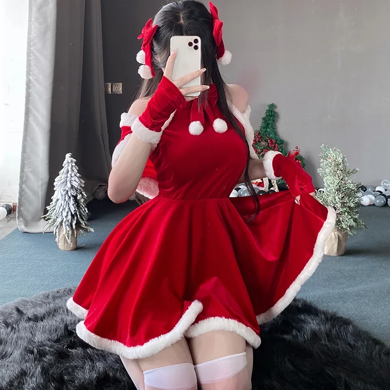 

Christmas Sexy Plush Dress Bunny Girl Uniform Cosplay Costume Velvet New Year Red Nightdress Role Play Outfits Underwear Girl