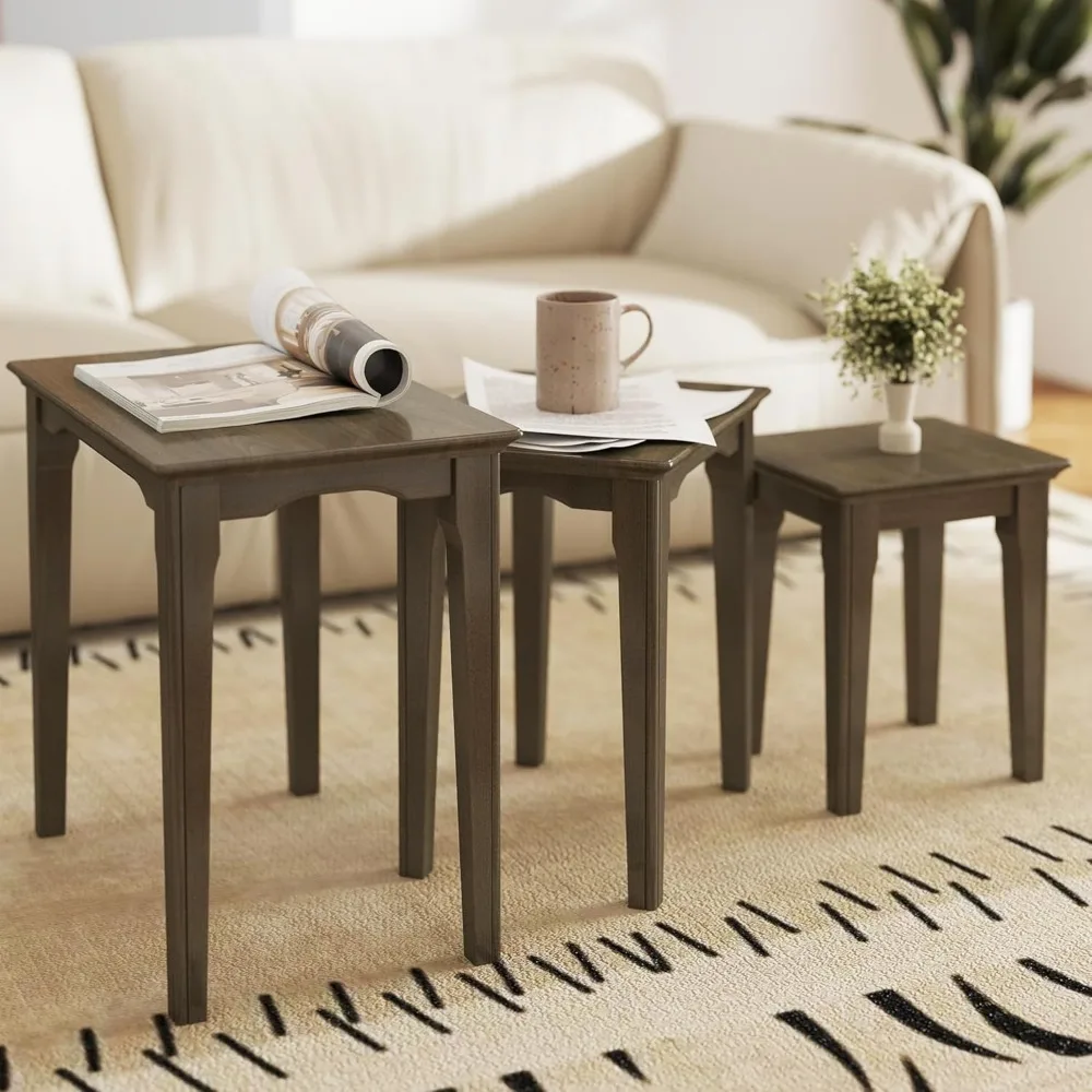 Tavolini da caffè impilabili Set di 3 tavolini piccoli in legno per soggiorno, bagno, camera da letto, tè basso, marrone