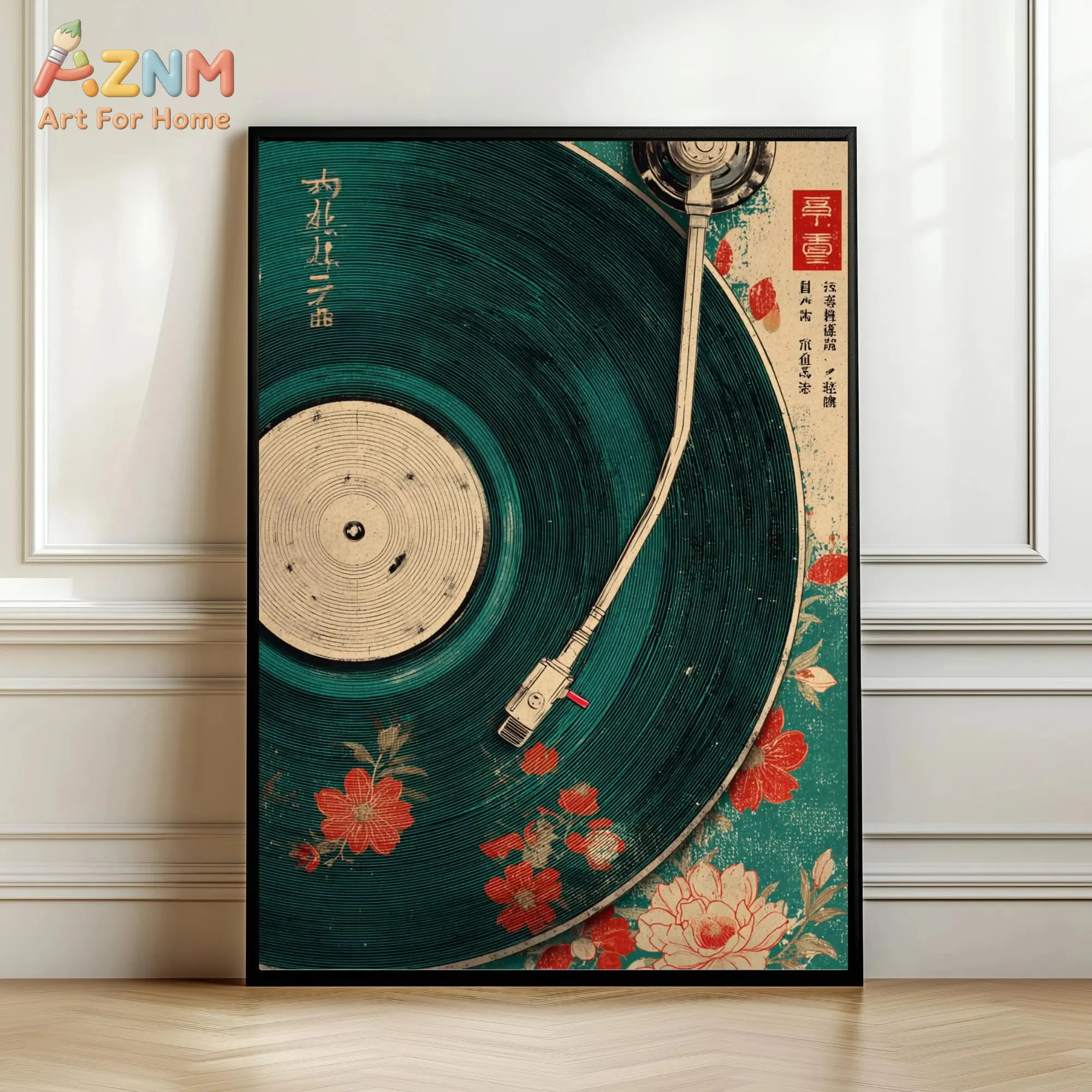 AZNM Frameless Canvas Wall Art, Vintage Japanese Retro Vinyl Record Turntable Print, Distressed Floral Phonograph Oriental Music