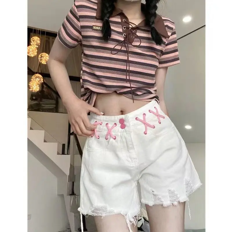 

Y2K Summer Women Vintage Streetwear White Denim Shorts Cargo Hole Short Pants Harajuku Clothes High Waist Wide Leg Jeans