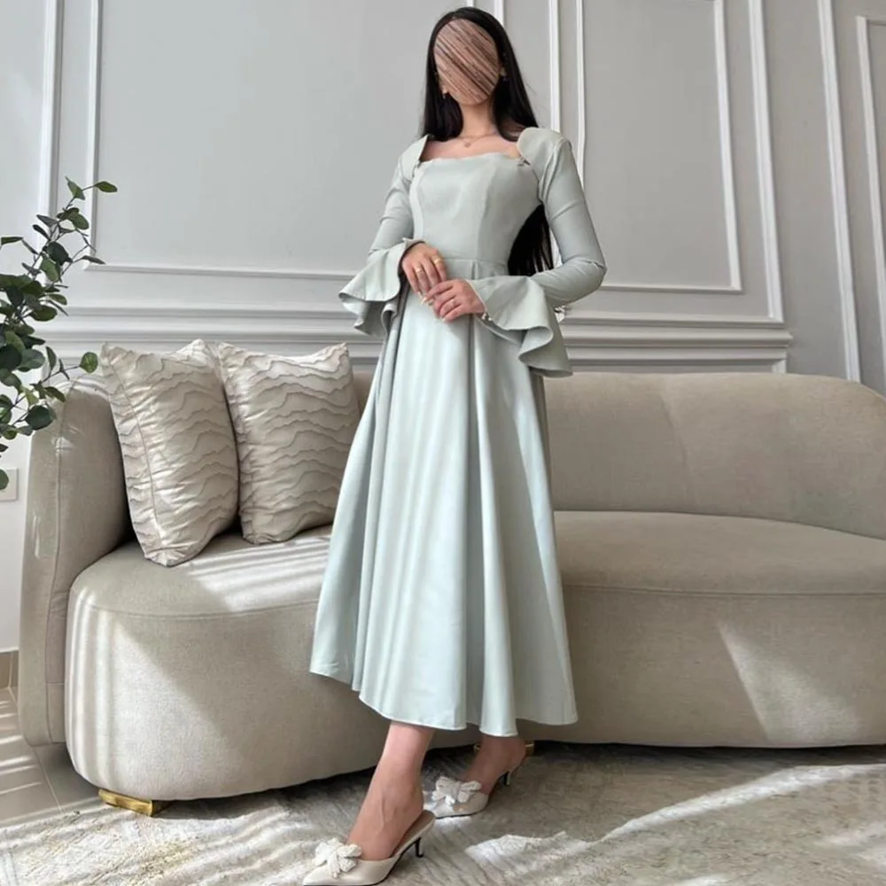 

Simple Women's Cocktail Party Gowns Green Satin Ruched Ruffles A-line Square Neck Mid Calf Dresses Gowns for Women 2024 Bride
