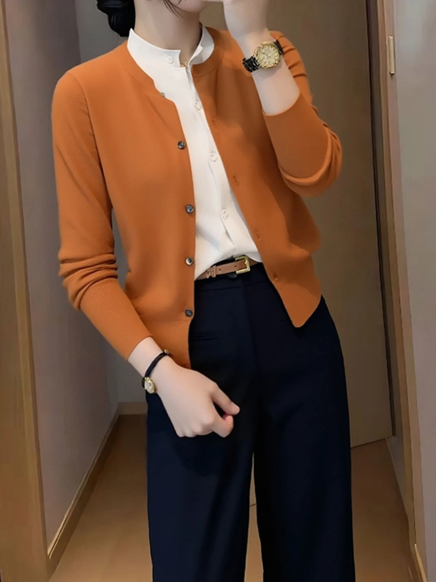 عارضة فضفاضة المرأة محبوك قبعة قطعتين اللون بلو سترة الخريف تخفيف Sle طويلة Sve جولة Ne المفتوحة سترة #5