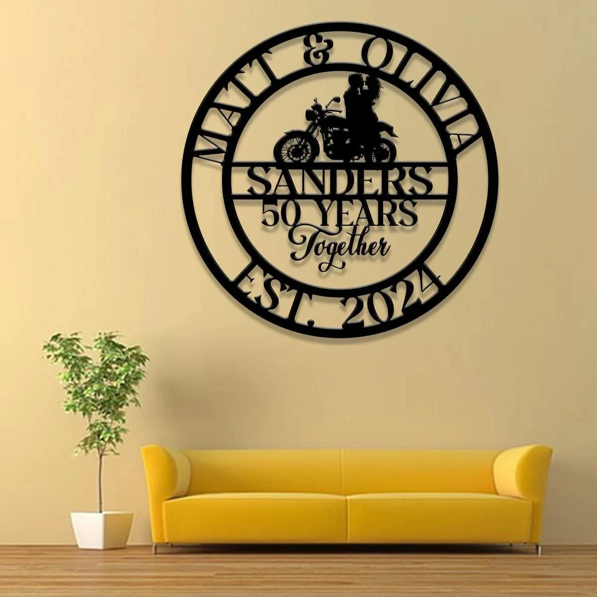 Papan Logam Kustom 50 Tahun Bersama Pasangan Pengendara Motor, Seni Dinding Pengendara Motor yang Dipersonalisasi, Hadiah Ulang Tahun Pernikahan atau Pernikahan