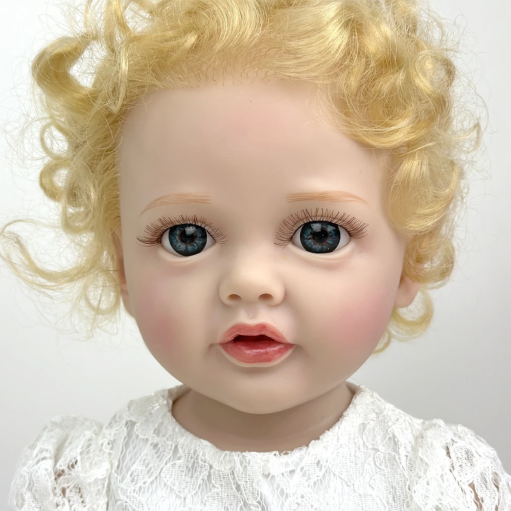 Muñeca Reborn de vinilo de 22", edición rara, pelo rubio rizado, vestido de princesa blanco, ojos azules, regalo de festival y juego de rol para niños