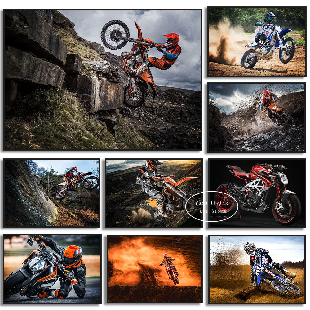 Racer Motorcycle Dirt Bikes Jump Poster Mountain Motocross Motorsports Inspirational Canvas Painting Wall Art Room Home Decor