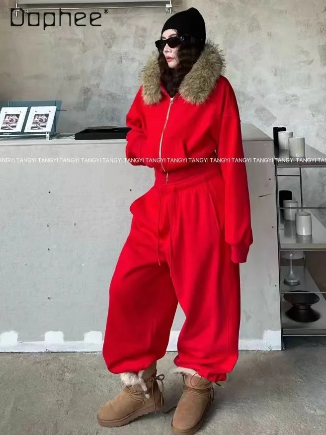 

Fashion 2 piece sets womens outfits Autumn Winter Cotton Feel Fleece Warm Hooded Eco-Friendly Sweatshirt and Sweatpants Set