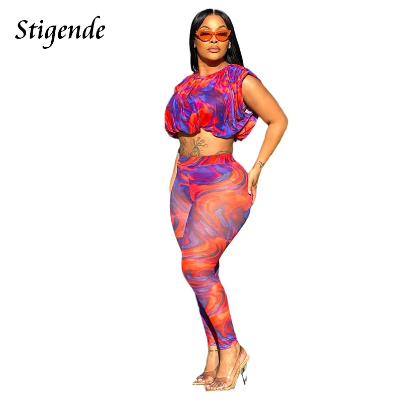 

Stigende Women Tie Dye Print Two Piece Set Sexy See Through Mesh Thin Outfits Elastic Waist Crop Top and Pencil Pants