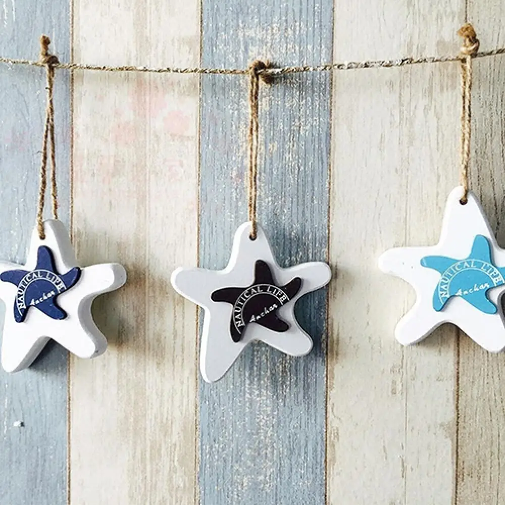 Mediterranean Starfish Fish Nautical Decor Wall Decor Hanging Pendant Craft Wooded Fish Starfish Ornament Home Decoration