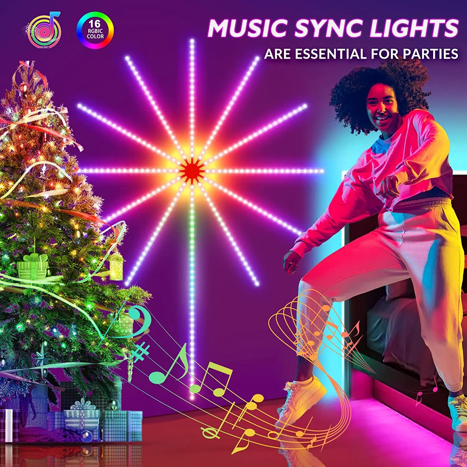 SCKDAY Smart Firework LED Strip Festoon Lights RGBIC Music Sync Indoor Self-Adhesive Fairy Lights for Christmas Party Room Decor