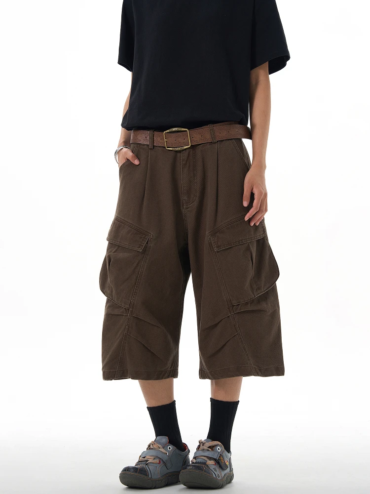 

THUMPUP American Retro Waed Pleated Workwear Seven-Foot Pants Loose Summer Casual Men Women ort orts Trendy