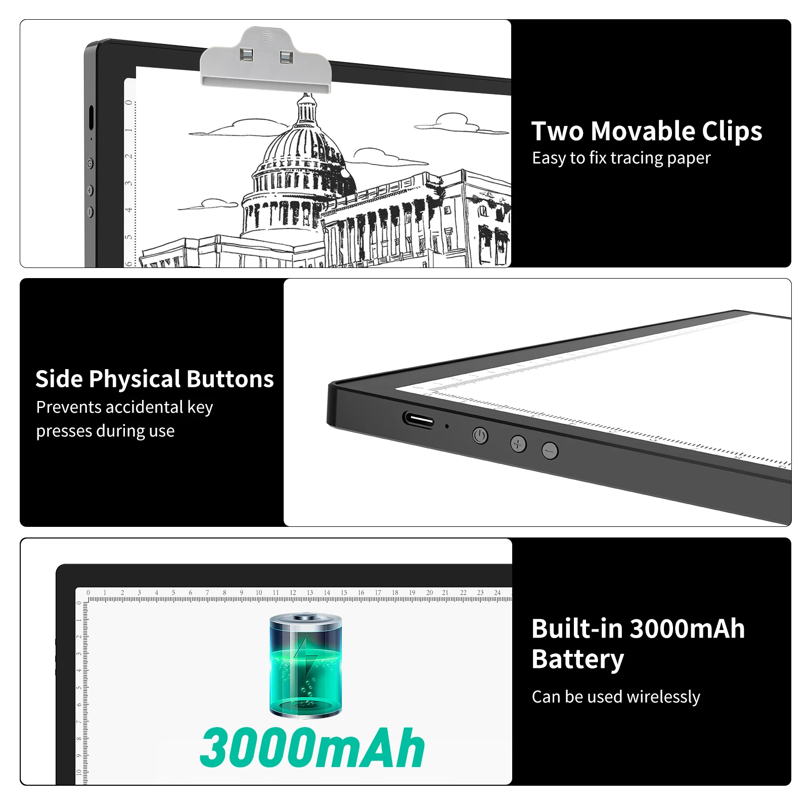 Kabelloses A3 LED-Lichtpad mit 3000mAh Wiederaufladbarem Akku, 3 Farben Stufenlos Dimmbar und 6 Helligkeitsstufen Einstellbar – Detail 6