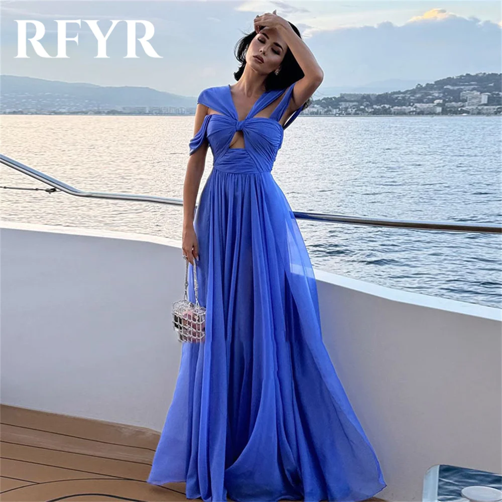 

RFYR Elegant Blue Evening Dress Beach V-Neck Arabic Israel Chiffion Prom Dresses Regular Sleeveless Formal Party Gown Customized