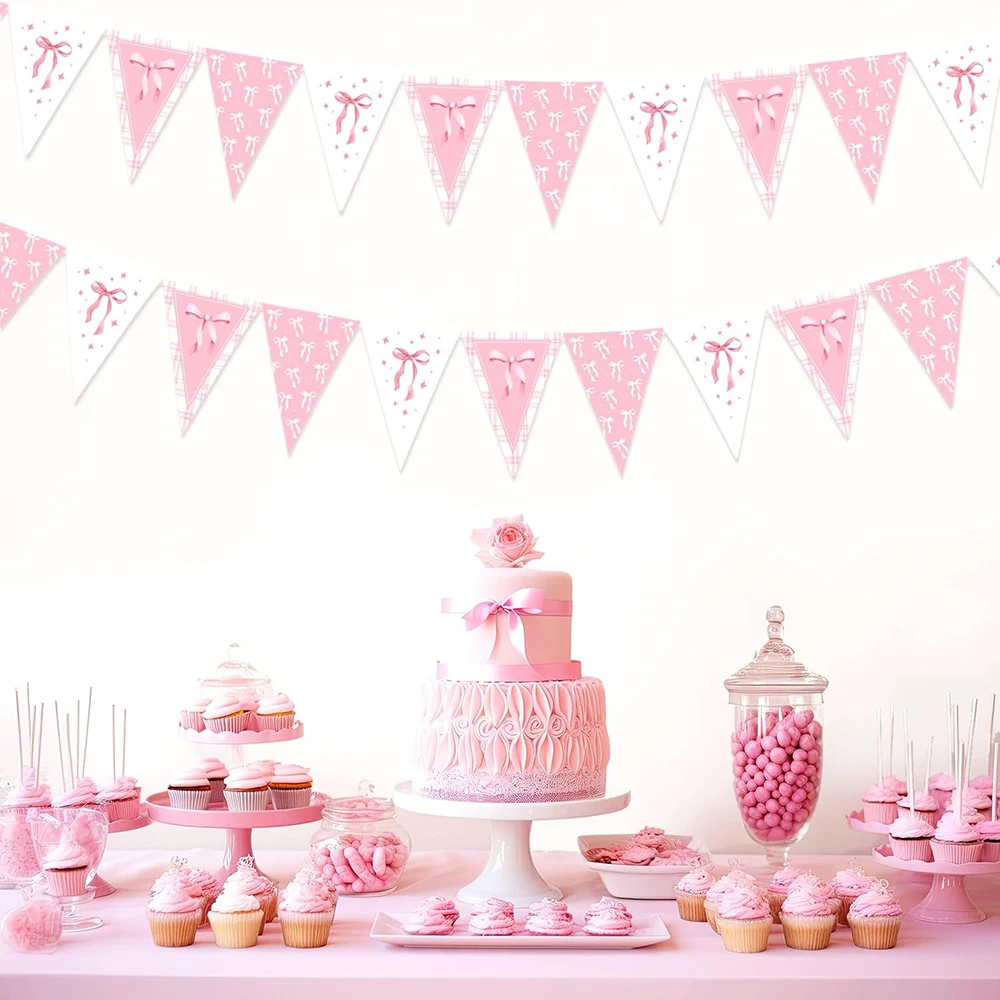 Rosa Schleife Party Banner Dekore Schleife Wimpel Dreieck Flaggen für Hochzeit Brautparty Kokette Geburtstagsfeier Hängende Dekorationen – Detail 2
