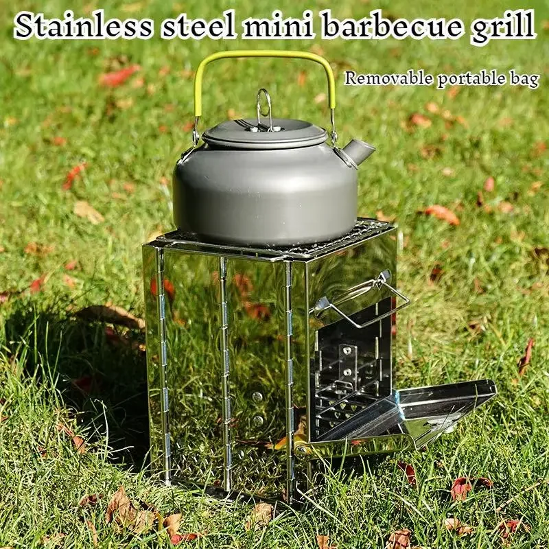 موقد حطب قابل للطي في الهواء الطلق، فرن من الفولاذ المقاوم للصدأ، موقد تسخين نزهة محمول قابل للطي، موقد شواء للتخييم، موقد فحمي #1