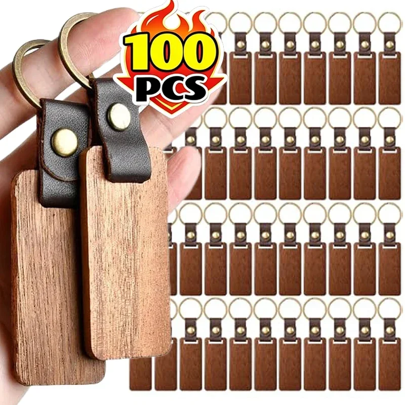 DIY Wooden Pendant Keychain Blank Engravable Bag Ornaments Charms with Leather Strap Natural Wood Key Ring DIY Craft Accessories