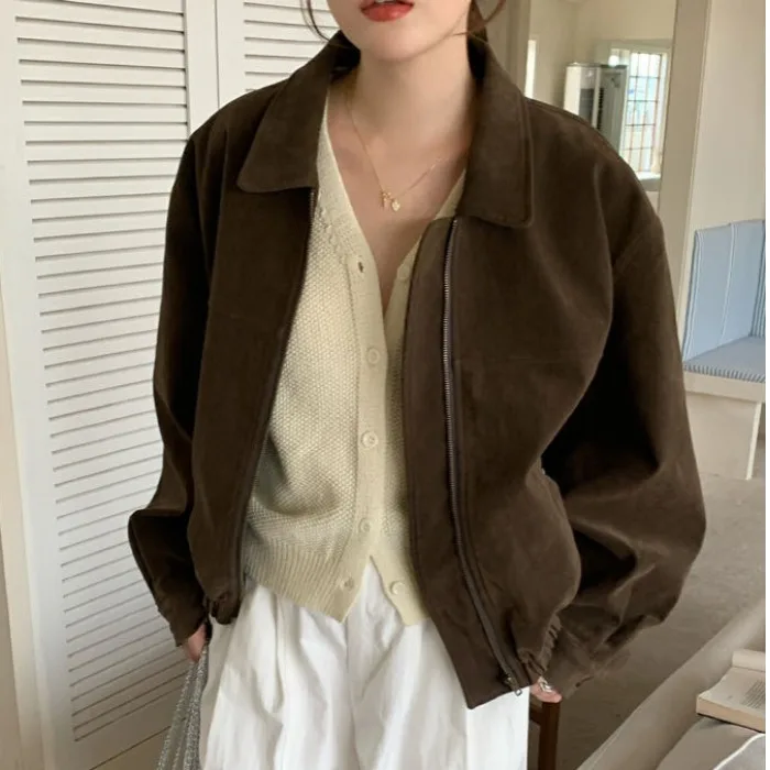 Chic Vintage Loose Fit Long Sleeve Zipper Closure Suede Coat for Women Stylish Versatile Casual Outerwear Spring Fashion