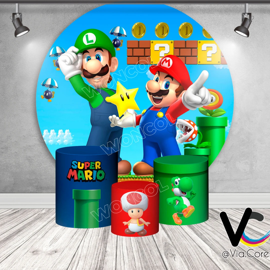 Super Mario Circle Backdrop Luigi Mario Birthday Background Yoshi Toad Super Mario Cylinder Cover Baby Shower Decor Photo Prop