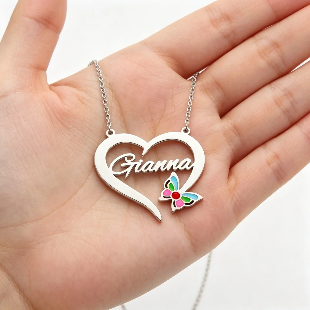 Custom Name Rainbow Butterfly Necklace Stainless Steel Jewelry Personalized UV Printing Name Heart Necklace Women Best Gifts