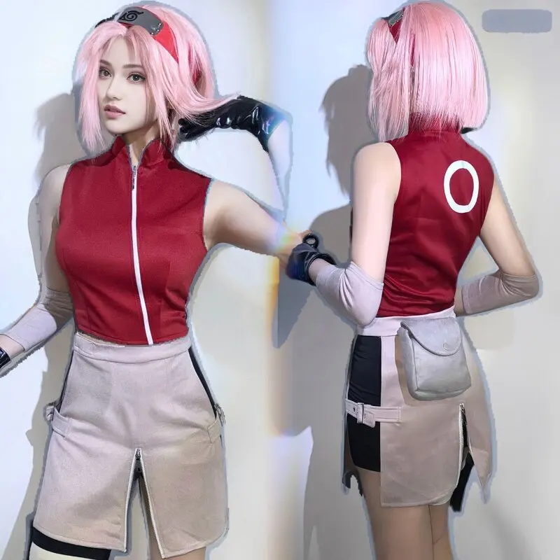 Japan Comic Frauen Mädchen Sakura Haruno Cosplay Perücke Anime Ninja Uchiha Sakura Rosa Kleid Kostüm Komplettset