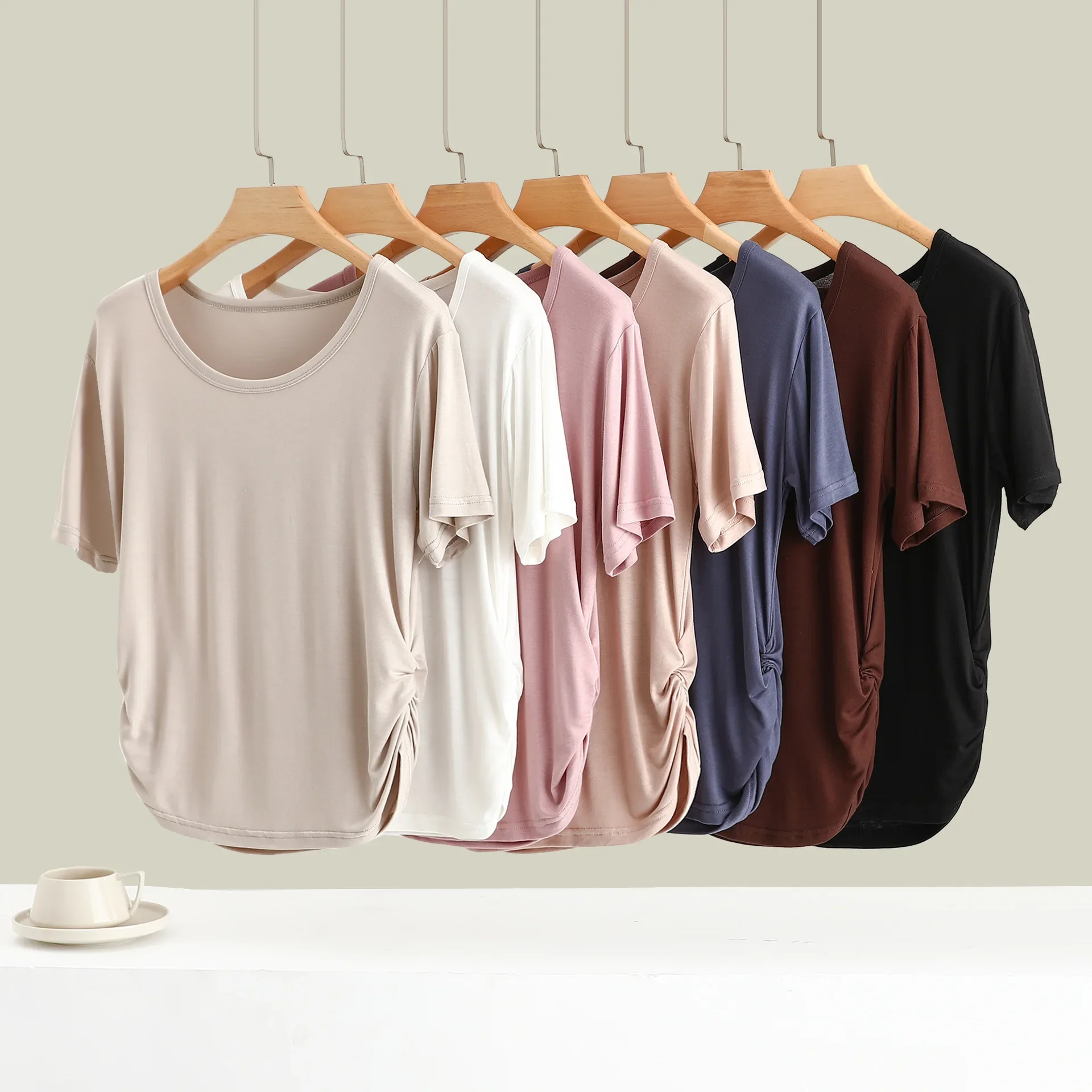 Modal O-Neck T-shirts short sleeves arc edge Fashion Folds Tshirt solid color Casual Tee Tops bottomed tees
