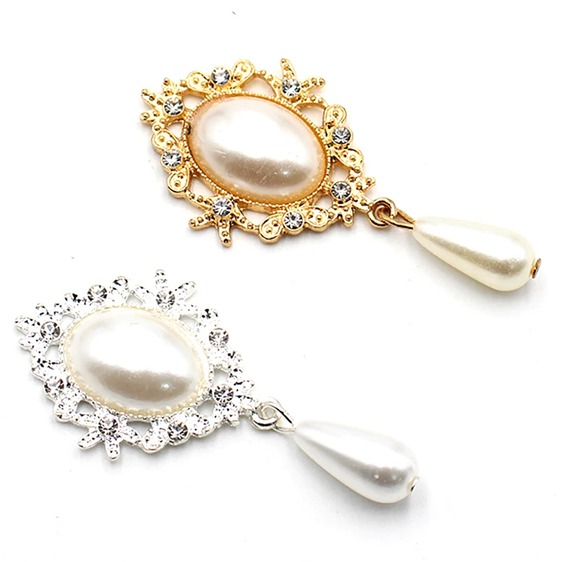 Shiny 10 pieces/batch 52*25MM pearl alloy diamond pendant button DIY wedding dress sewing clothing decoration accessories