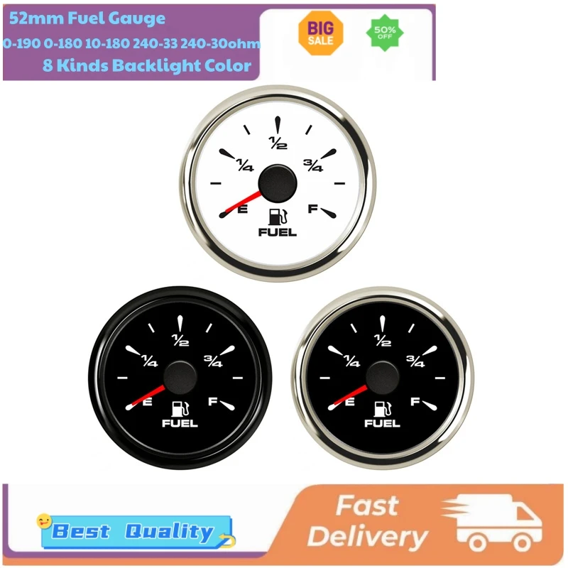 

Автомобильные и морские датчики уровня топлива 52 мм, 0-190 Ом, 240-30 Ом, 0-180 Ом, 10-180 Ом, с 8 вариантами цвета подсветки