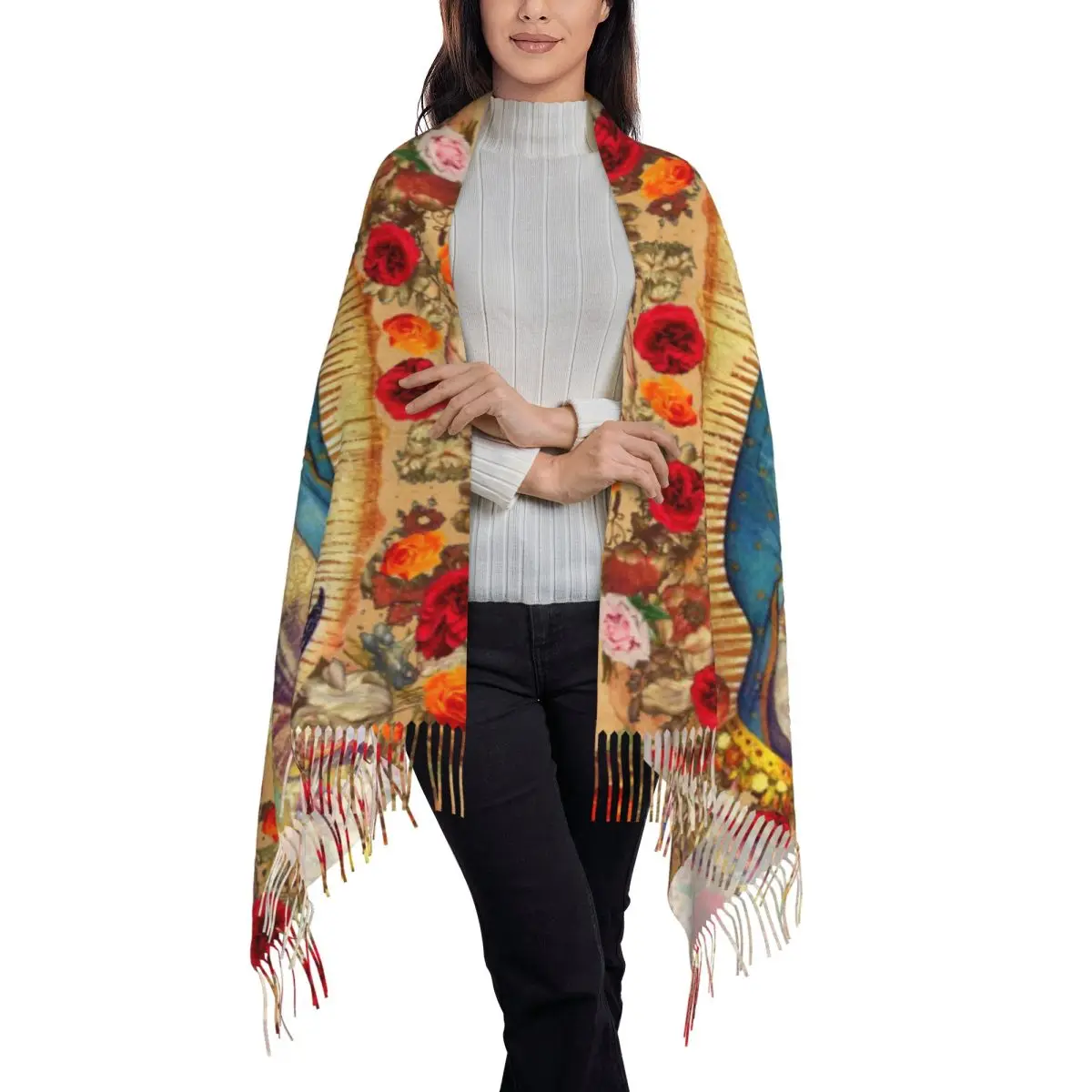 CustomizedOur Lady Of Guadalupe Virgin Mary Scarf Wrap Women Long Winter Warm Tassel Shawl Unisex Catholic Mexico Poster Scarves