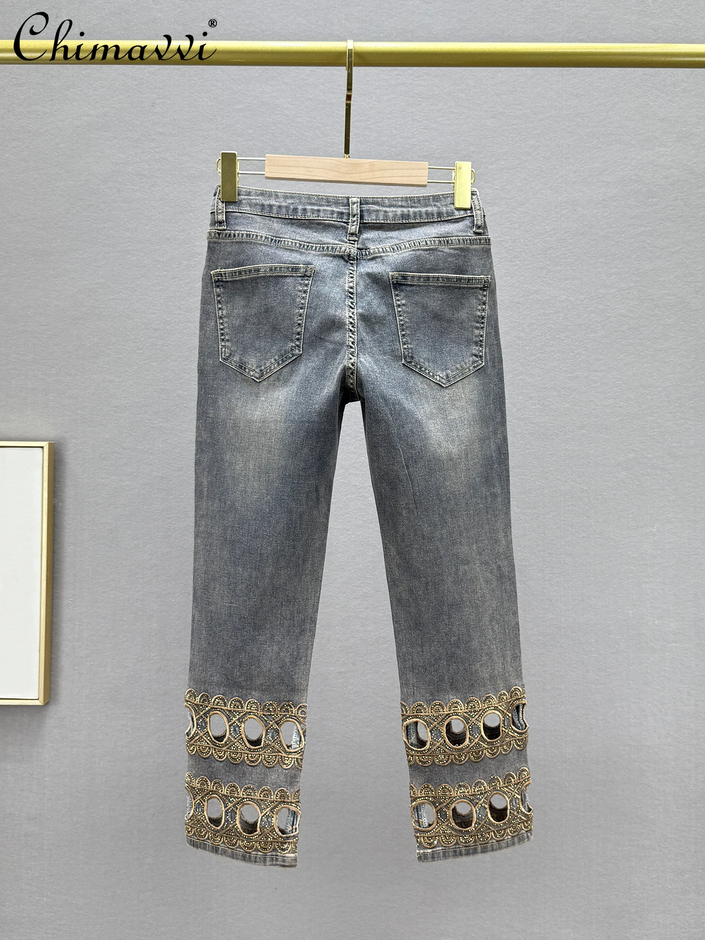 Fashion Straight Eight-point Jeans Womens 2025 Summer New Elastic High Waist Slim-fit Retro Hollow Hot Diamond High Street Pants