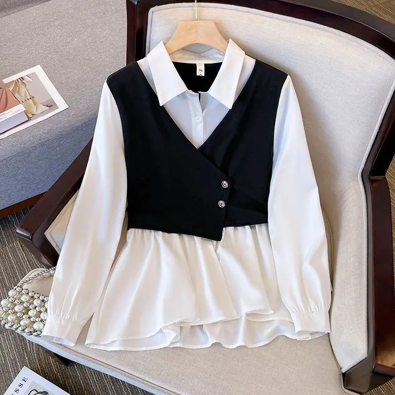 Spring Autumn New Suit Women Fashion Turn-down Collar Long Sleeve Button Patchwork Fake Two Pieces Shirt Solid Color Casual Pant