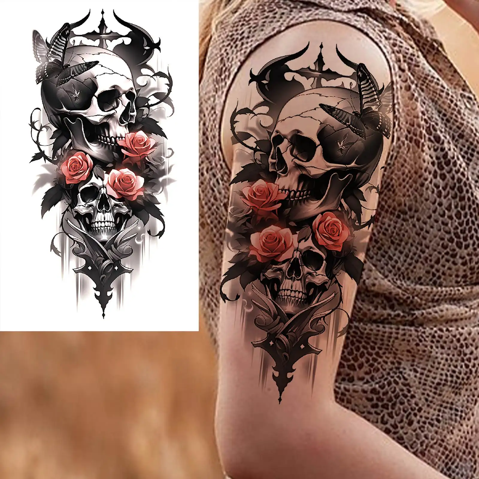 1 Sheets Death Skull Flower Temporary Tattoos For Women Men Adults Skeleton Fake Rose Tattoo Sleeve Leg Arm Body Forearm Tatoo