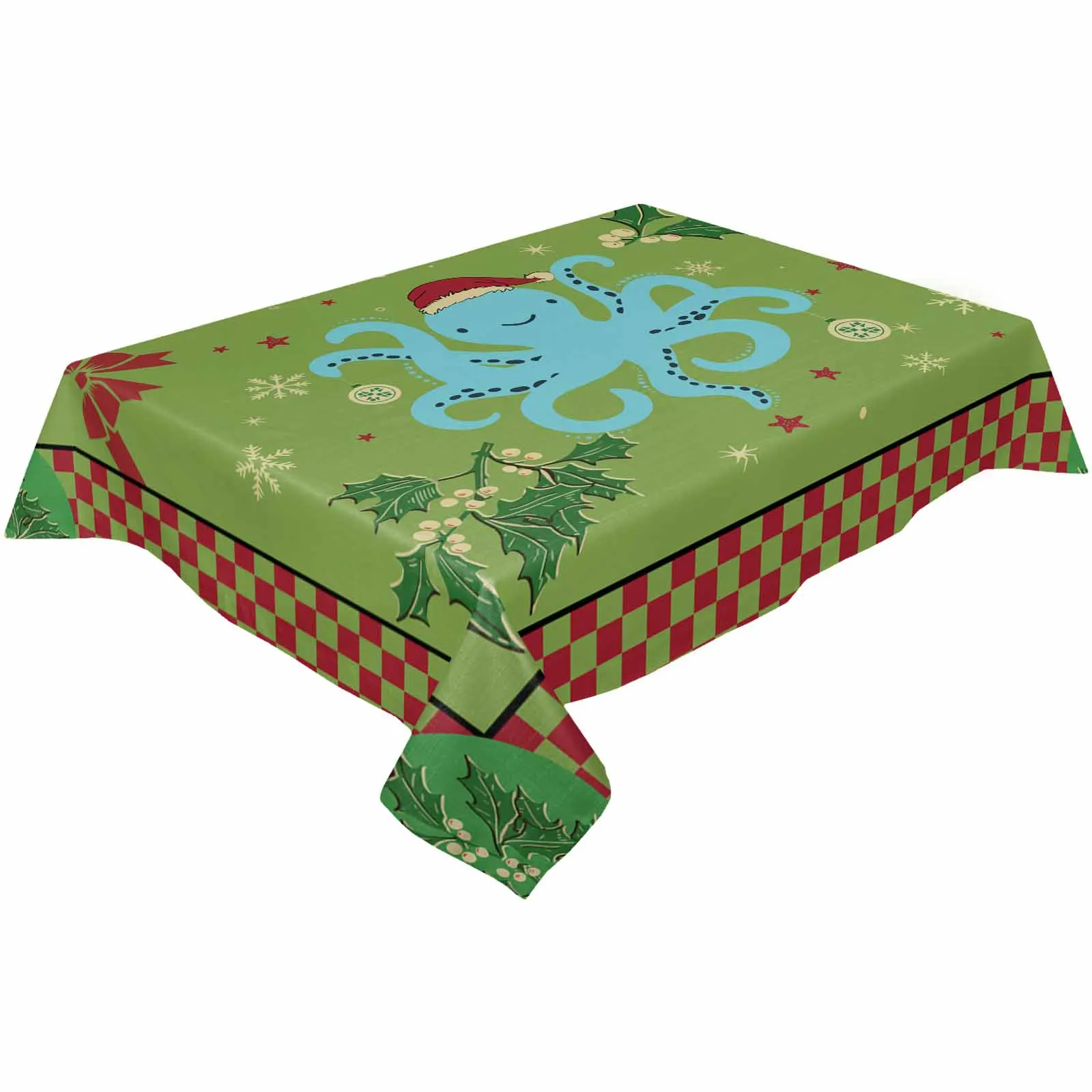 Christmas Octopus Grid  Tablecloth Waterproof Dining Table Rectangular Round Table Cover Home Kitchen Decoration