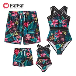 PatPat Family Matching Swimsuit Allover Plant Print Crisscross One-Piece Swimsuit and Swim Trunks