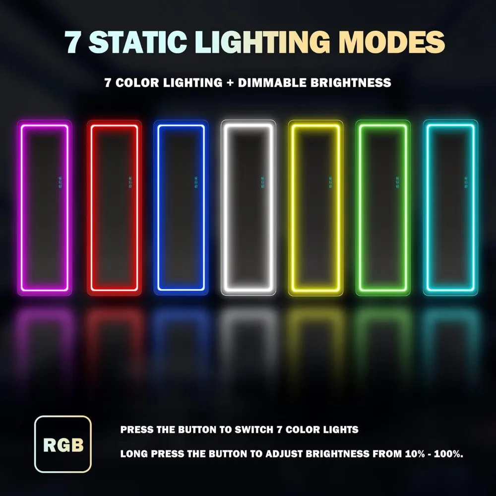 مرآة كاملة الجسم بإضاءة LED، مرآة قائمة مقاس 63 بوصة × 20 بوصة، أضواء يعتم كاملة الطول، مرآة الجسم كاملة الحجم، مرآة مضاءة بإضاءة RGB