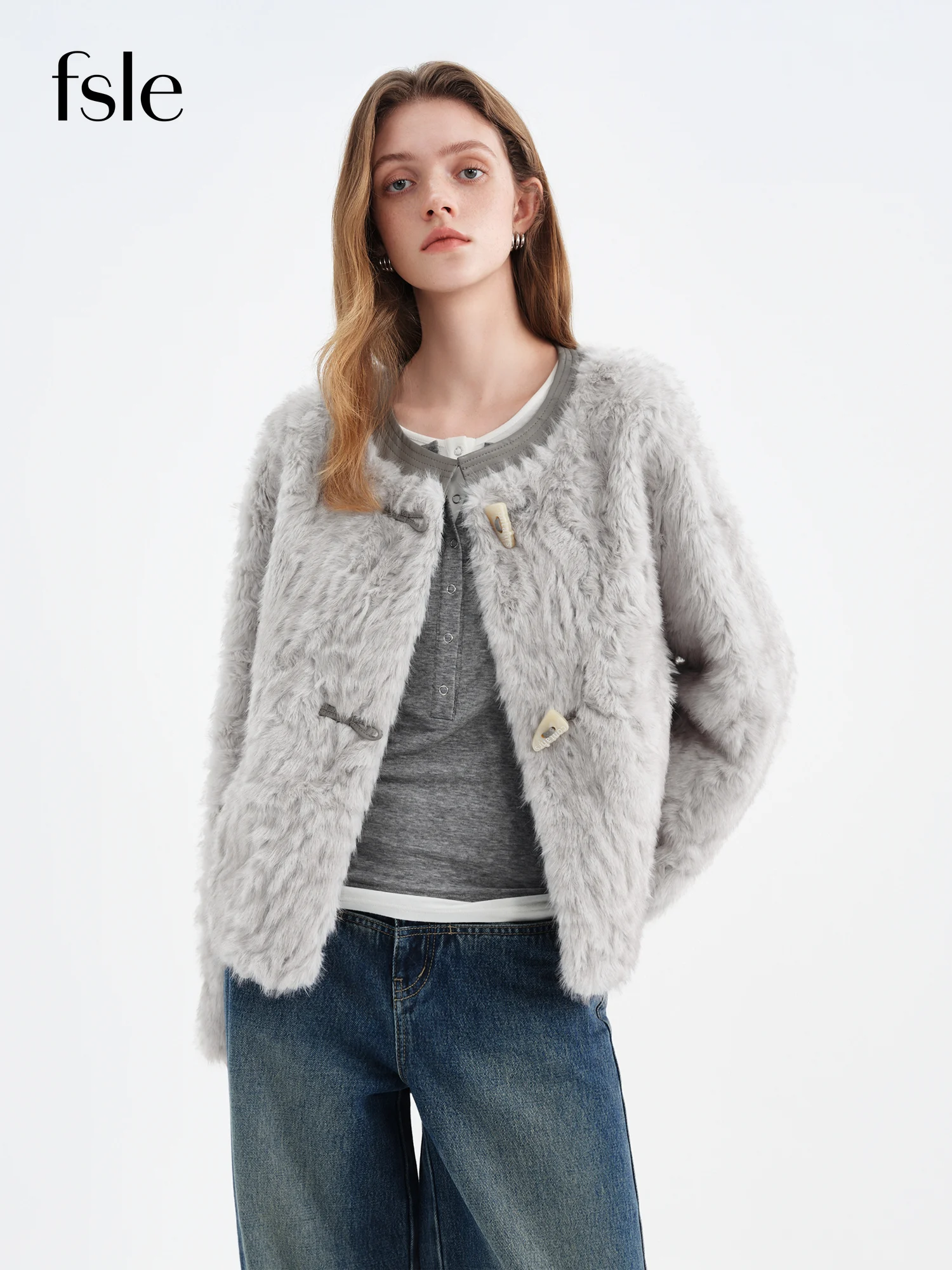 FSLE 【Premium Series】Faux Wool Embossed Suede Patchwork Short Jacket for Women 2025 Winter New Arrival College-Style Outerwear