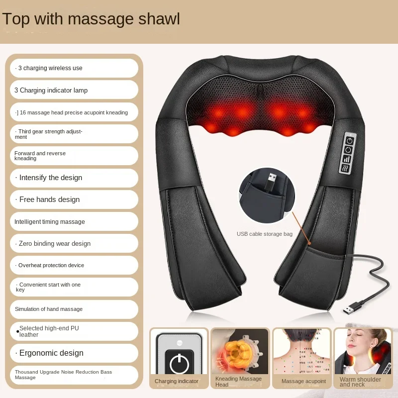 Multi-Function Massagem Xaile, carregamento USB, Display Light, Ombro, Pescoço, Amassar, Compressa Quente, Massageador Doméstico