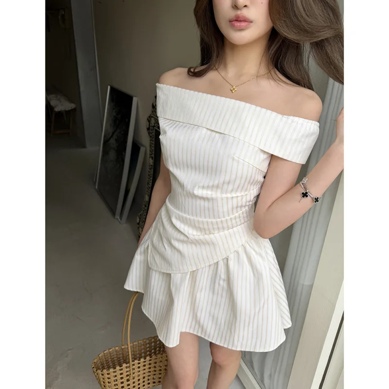 Summer 2026 Women's Stripe Slimming Waist Halter Top And Puffy Skirt Two-Piece Set Elegant Commute Style Cotton Blend Casual ...